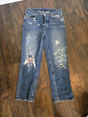 Scotch & Soda Distressed Straight Leg Jeans in Blue with Red Accent